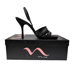 Nina Getaway LS High Heel Sandals Womens Black Luster Satin Slingback Size 6